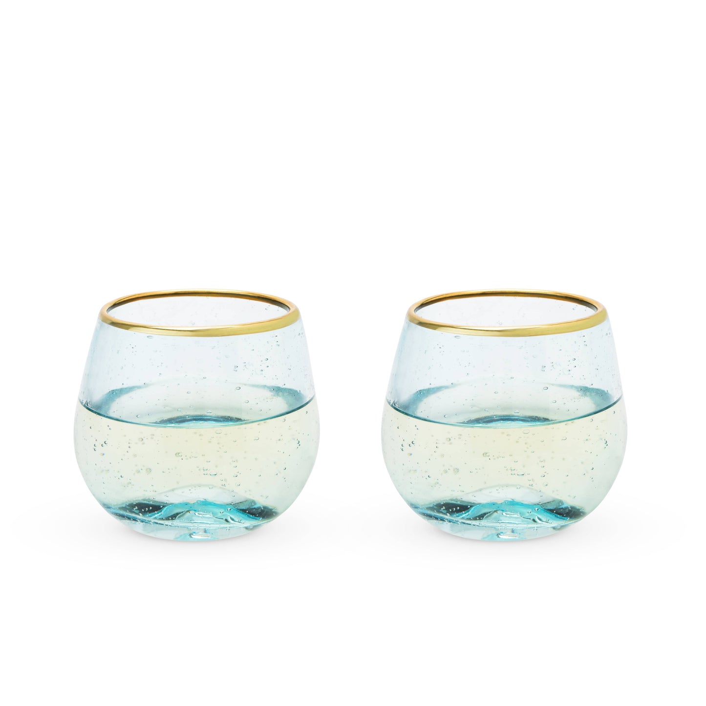 Aqua Bubble Stemless Glasses w/ Gold-Plated Rims - Set of 2