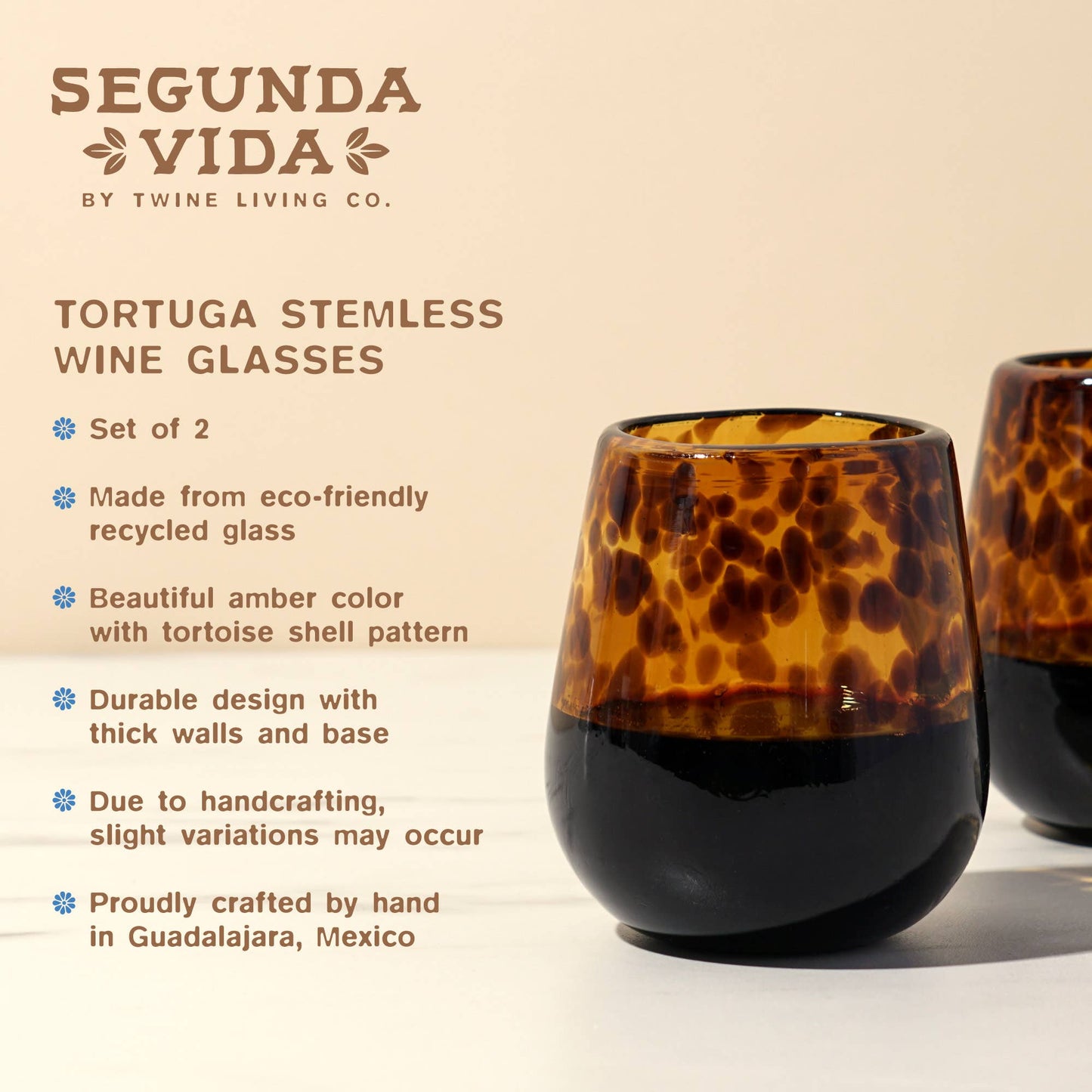 Tortuga Recycled Glass Stemless Wine Glasses - Set of 2: Brown / Recycled Glassware