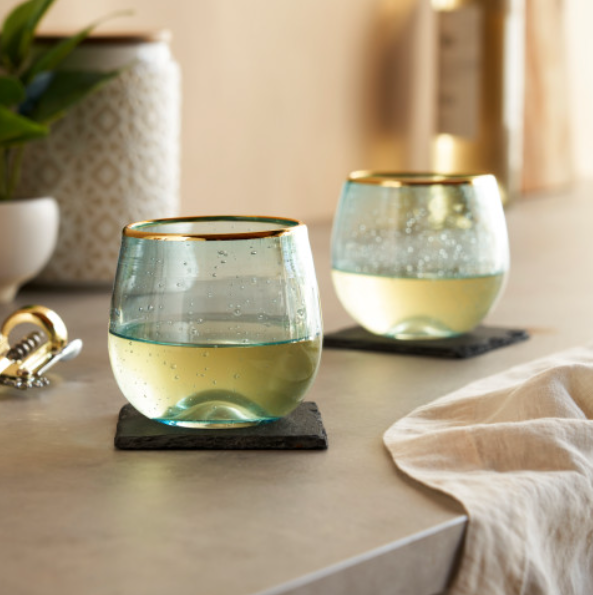 Aqua Bubble Stemless Glasses w/ Gold-Plated Rims - Set of 2