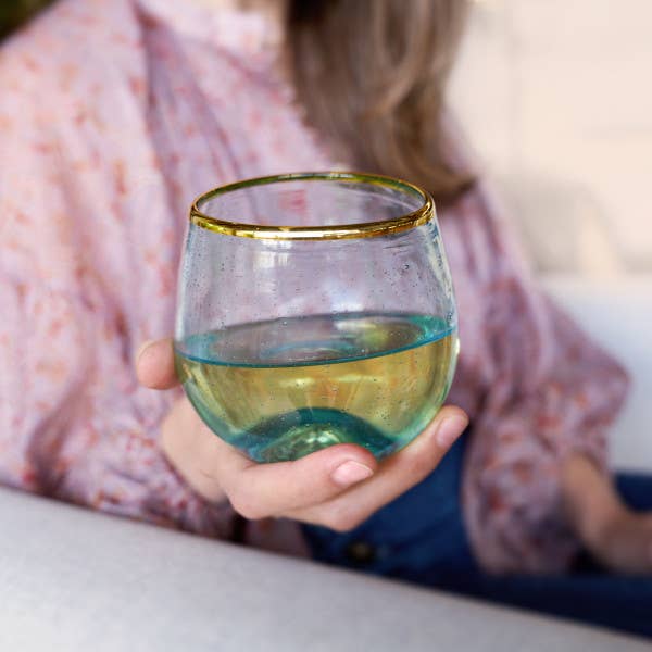 Aqua Bubble Stemless Glasses w/ Gold-Plated Rims - Set of 2