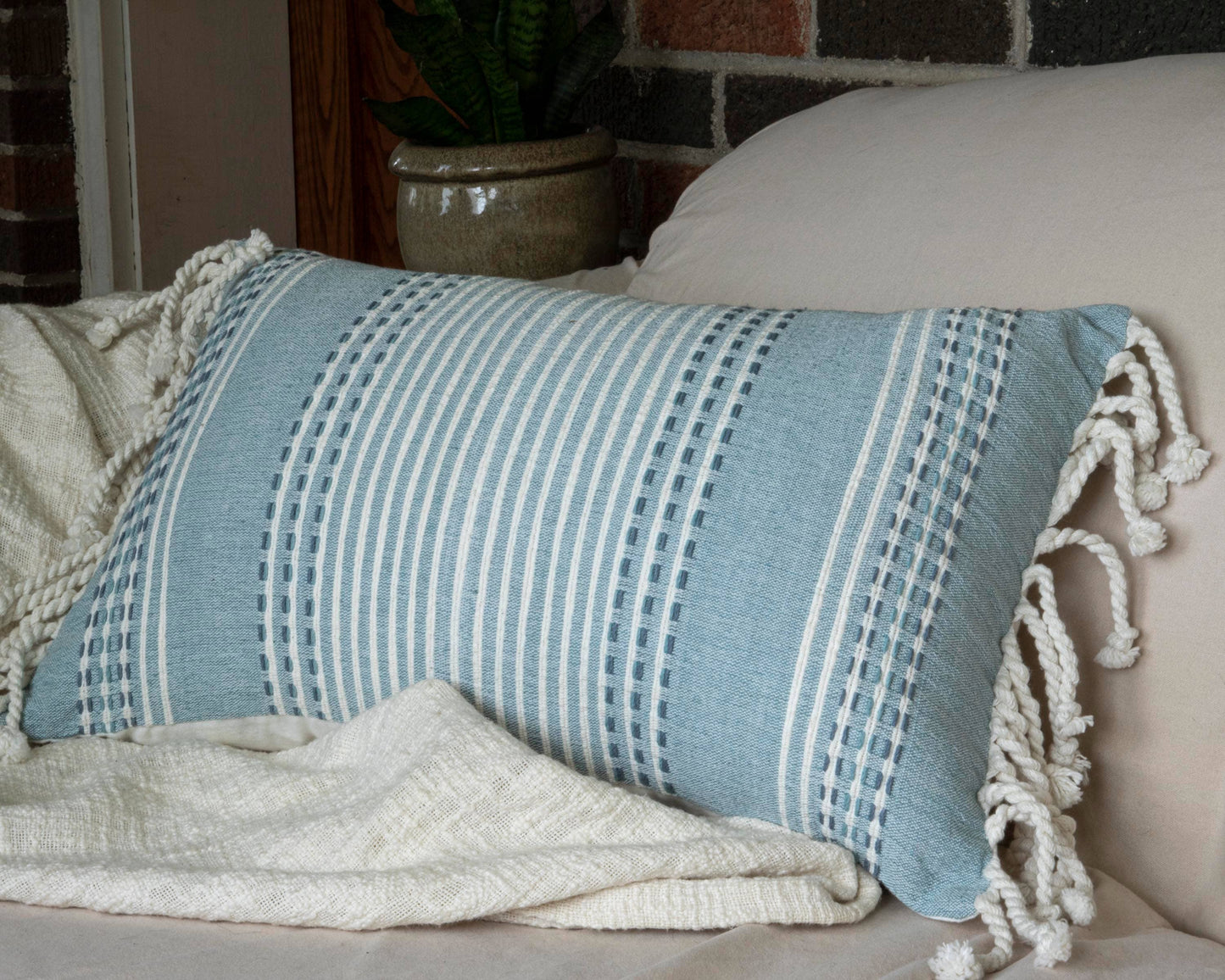 Nila Blue Woven 14x22 Cotton Filled Pillow Hand Tied Tassels