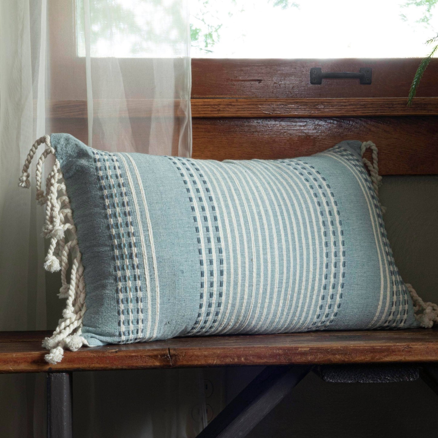 Nila Blue Woven 14x22 Cotton Filled Pillow Hand Tied Tassels