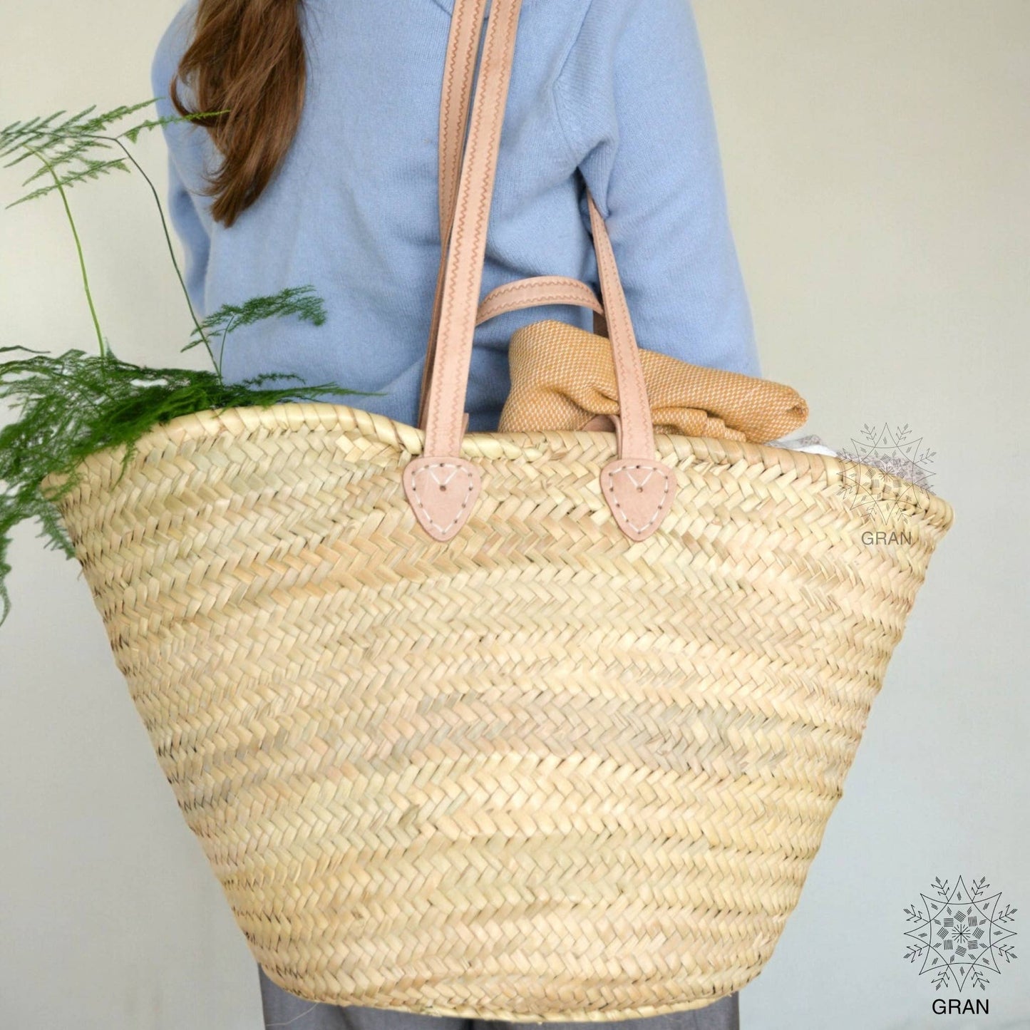 Straw Shopping Bag, Leather Handle, French Market Basket.