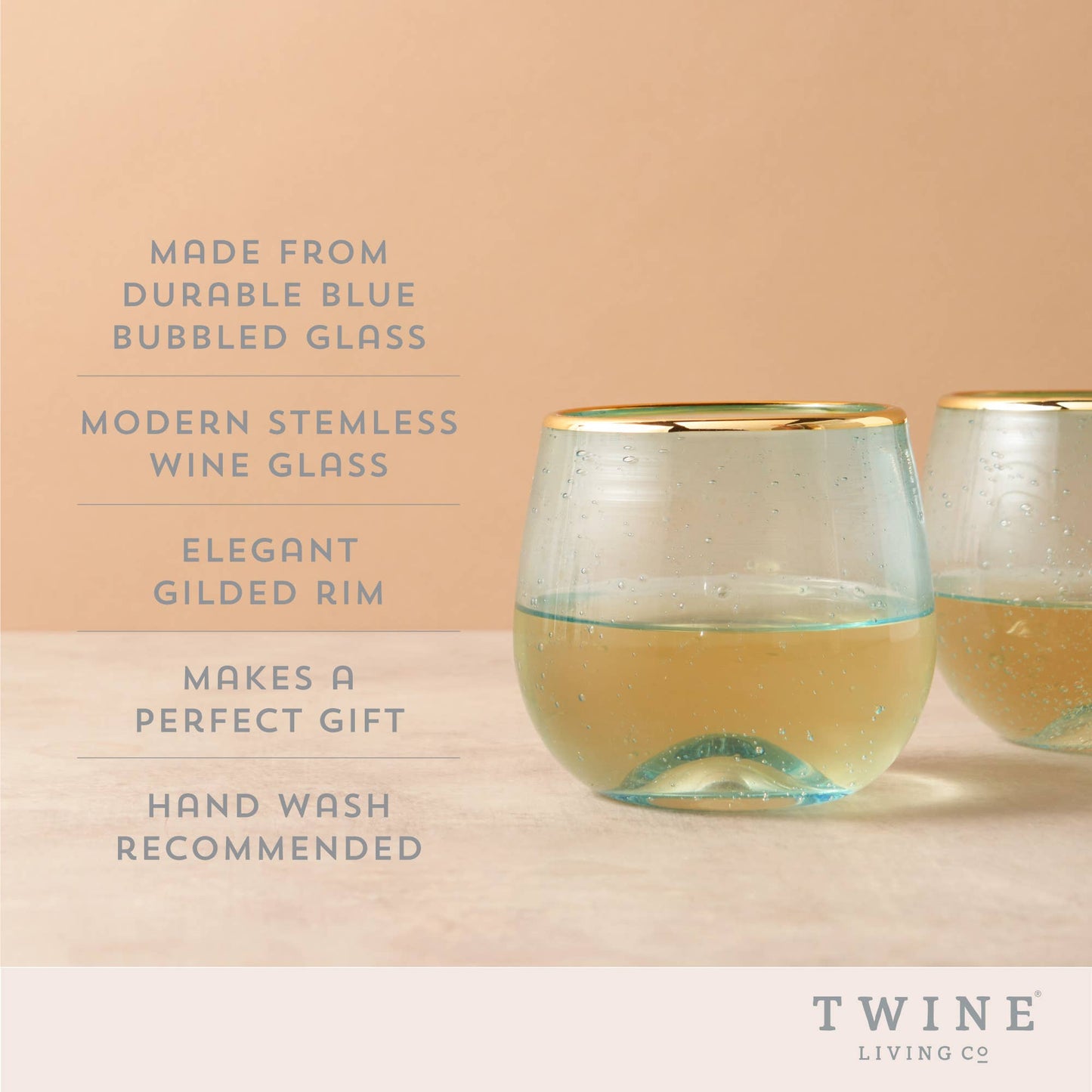 Aqua Bubble Stemless Glasses w/ Gold-Plated Rims - Set of 2