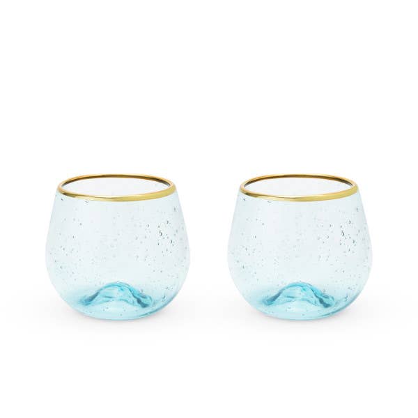 Aqua Bubble Stemless Glasses w/ Gold-Plated Rims - Set of 2