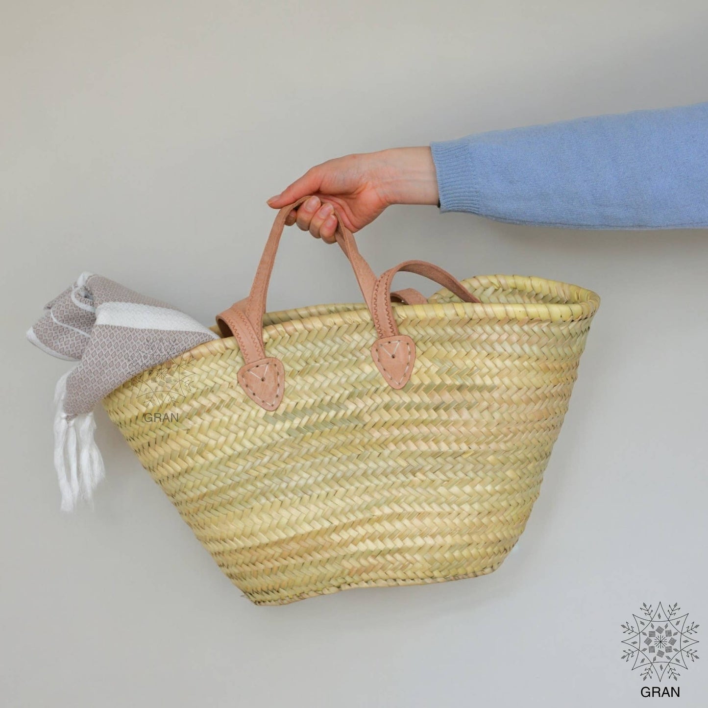 Straw Shopping Bag, Leather Handle, French Market Basket.