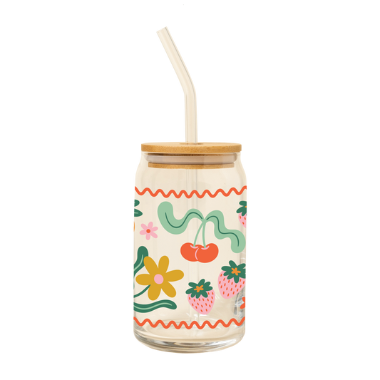 NEW! Can Glass w/Lid + Straw: Cutie Fruity