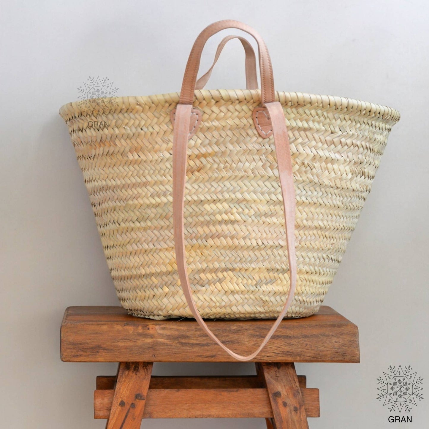 Straw Shopping Bag, Leather Handle, French Market Basket.