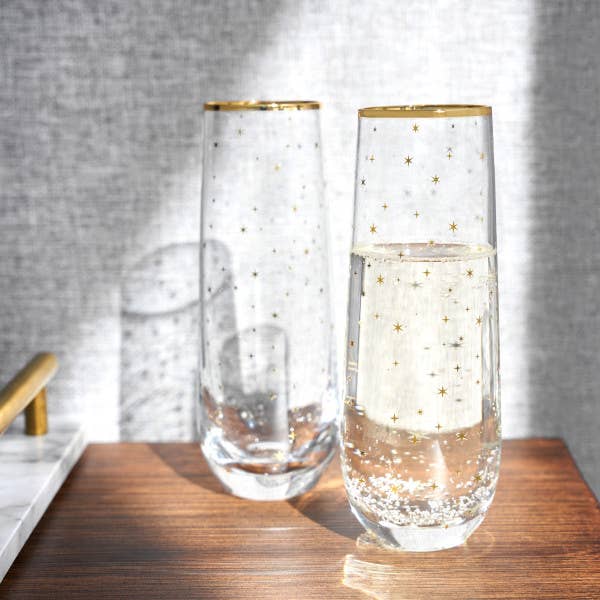 Starlight Gold-Accented Stemless Champagne Flutes - Set of 2