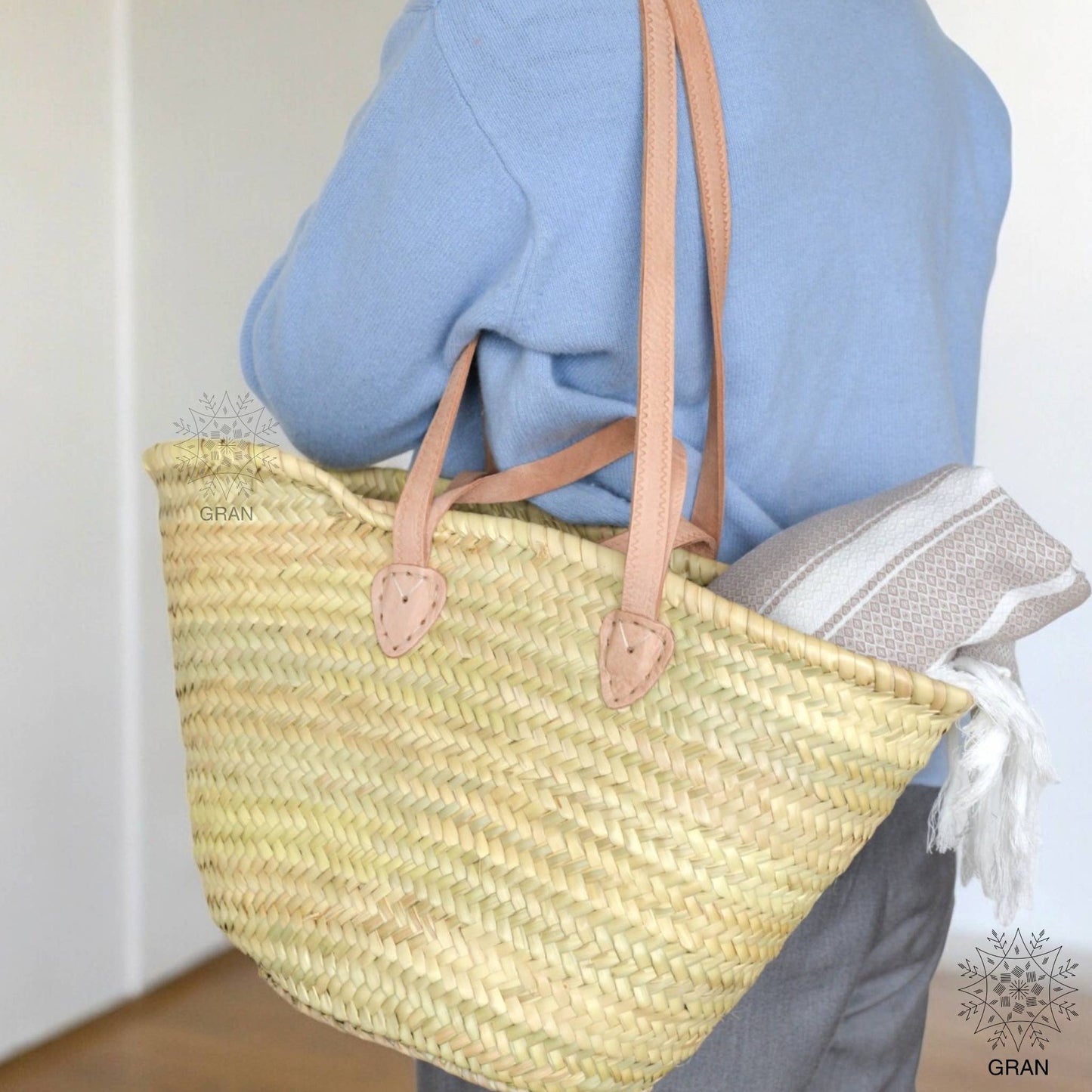 Straw Shopping Bag, Leather Handle, French Market Basket.