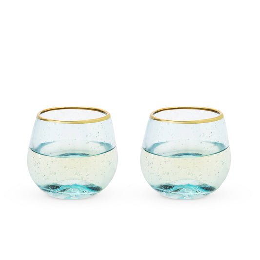 Aqua Bubble Stemless Glasses w/ Gold-Plated Rims - Set of 2