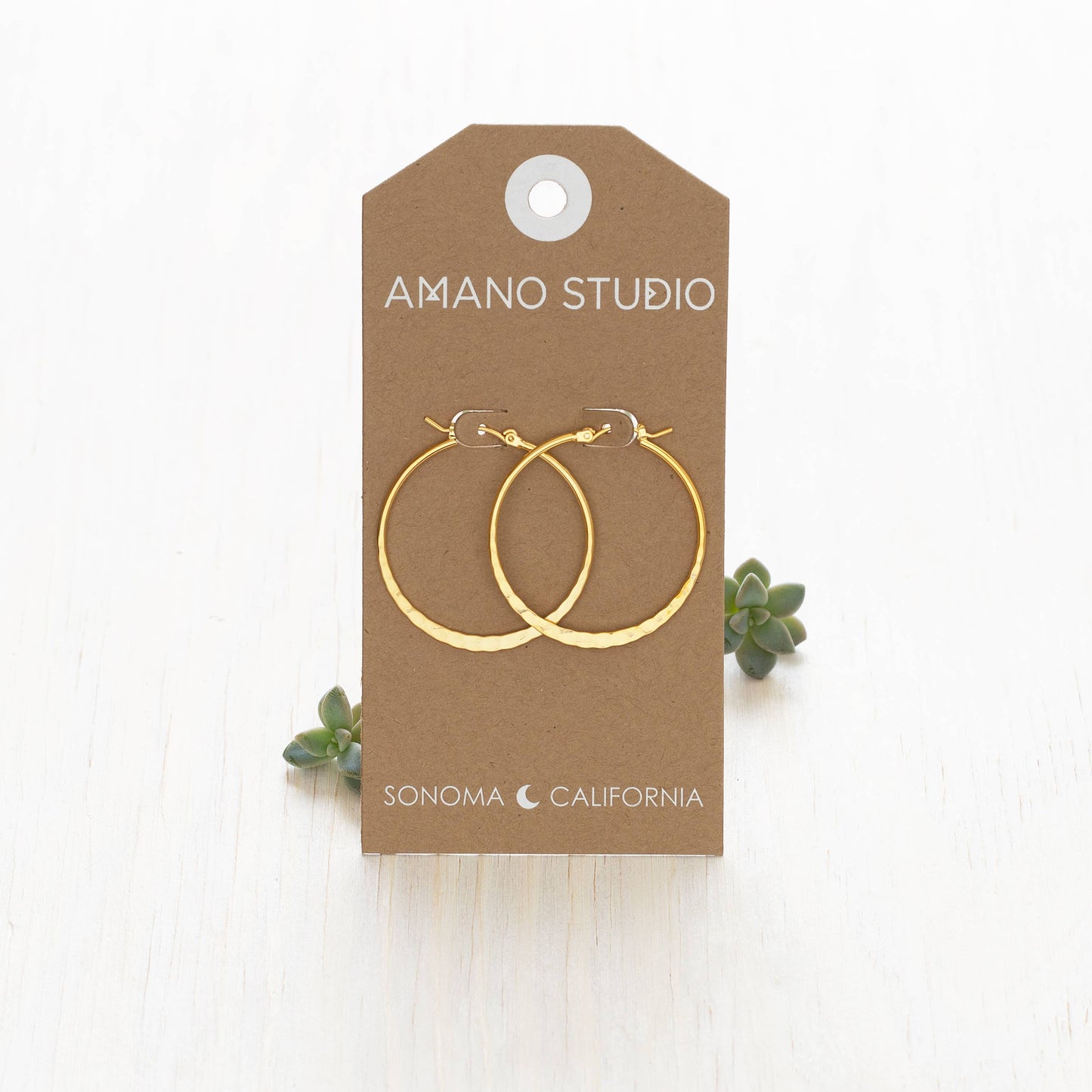 1.5" Hammered Hoop Earrings: Yellow Gold