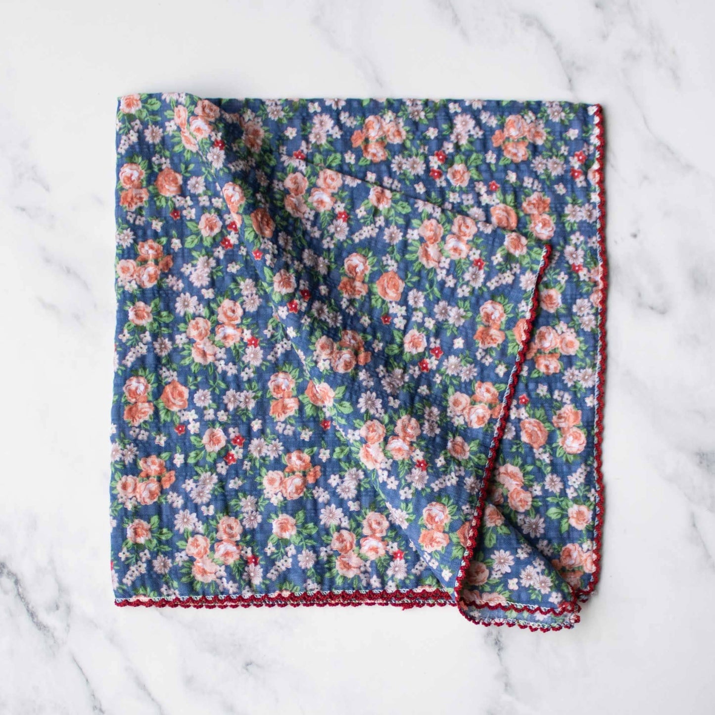 Rose Garden Cotton Scarf: Denim/Coral