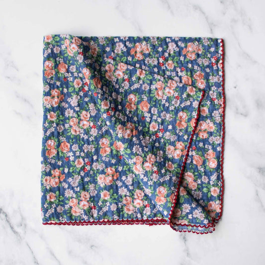 Rose Garden Cotton Scarf: Denim/Coral