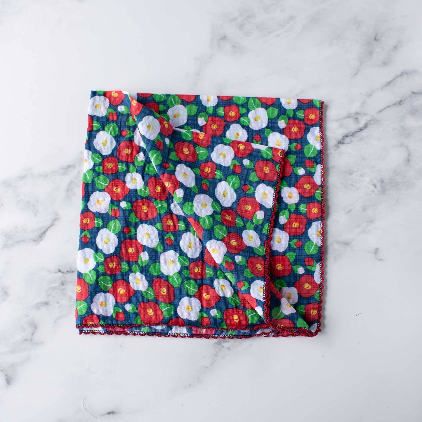 Camellia Flower Cotton Scarf: Navy