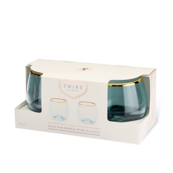 Aqua Bubble Stemless Glasses w/ Gold-Plated Rims - Set of 2