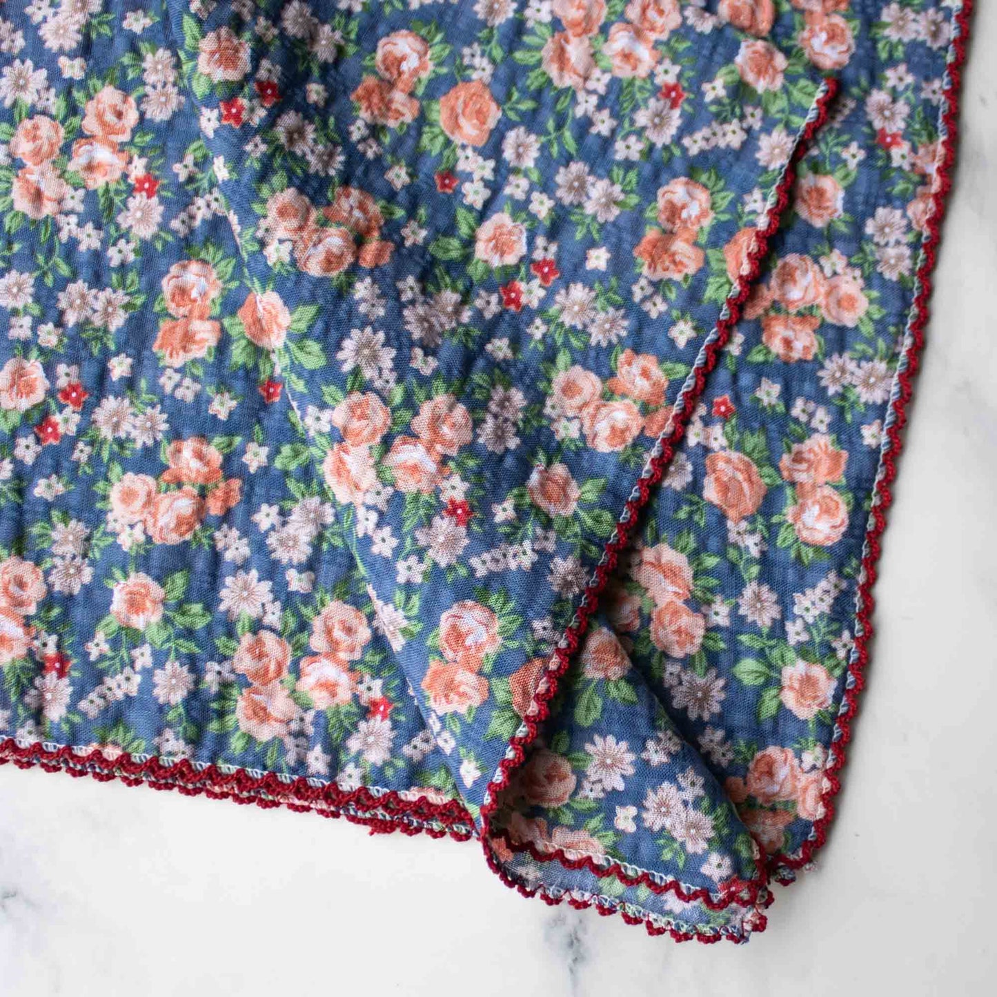 Rose Garden Cotton Scarf: Denim/Coral