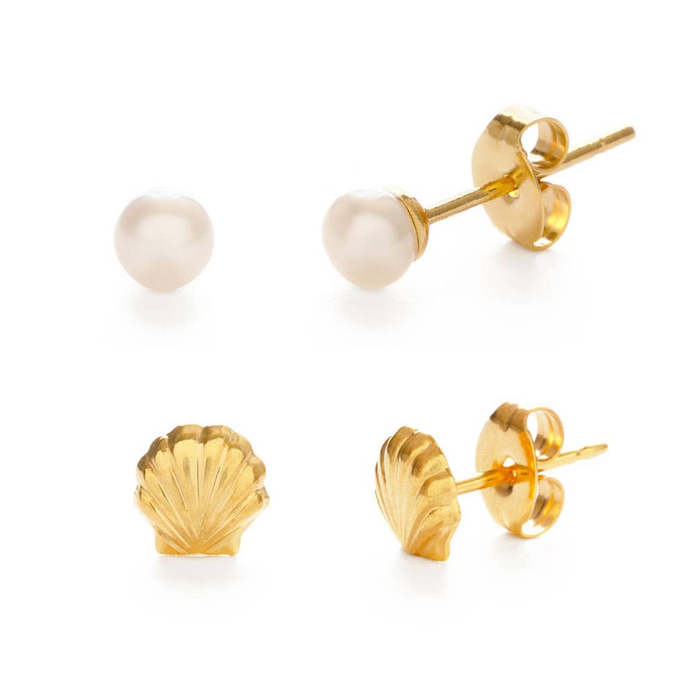 Seashell and Pearl Stud Earring Combo