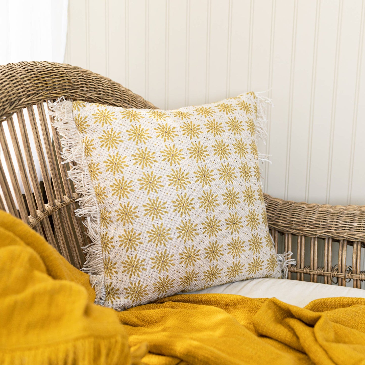 Rae 18x18 Boho Floral Outdoor Indoor Filled Pillow Mustard