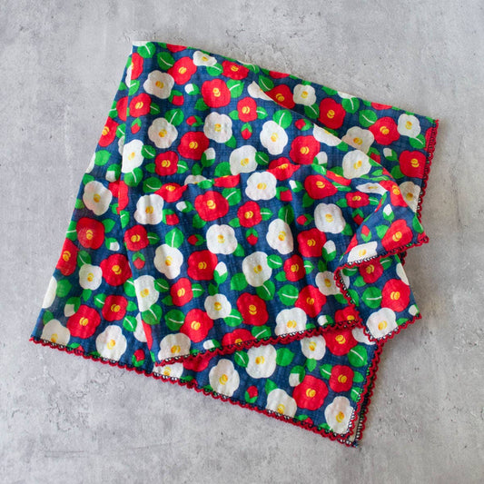 Camellia Flower Cotton Scarf: Navy